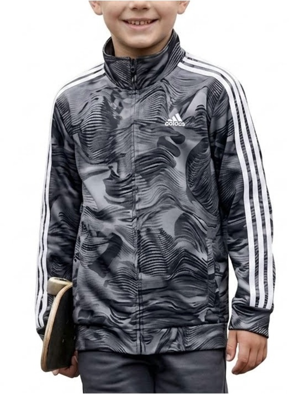 Adidas Boys XL Track Jacket Full Zip 3 Stripe Tricot Black White Camo Print